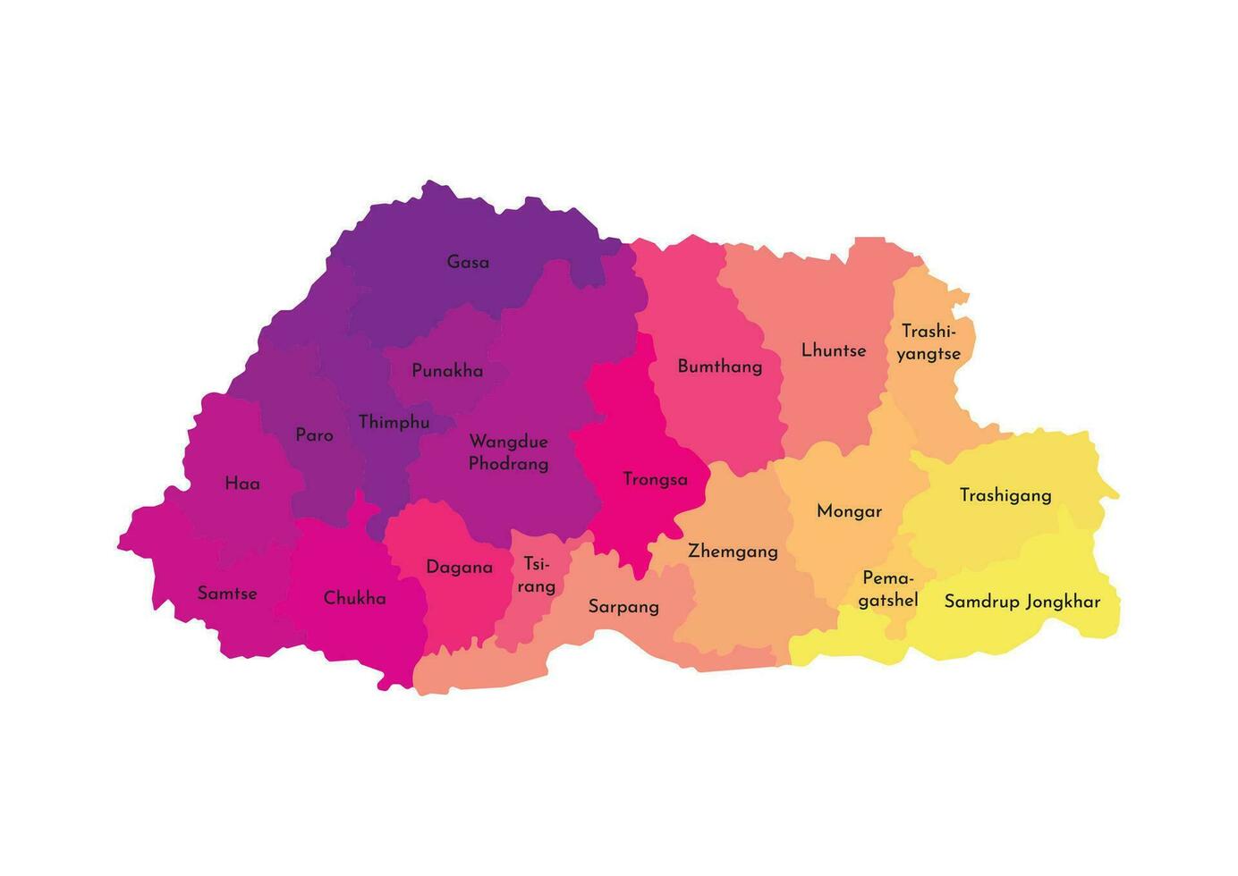 vector geïsoleerd illustratie van vereenvoudigd administratief kaart van bhutan. borders en namen van de Regio's. multi gekleurde silhouetten.