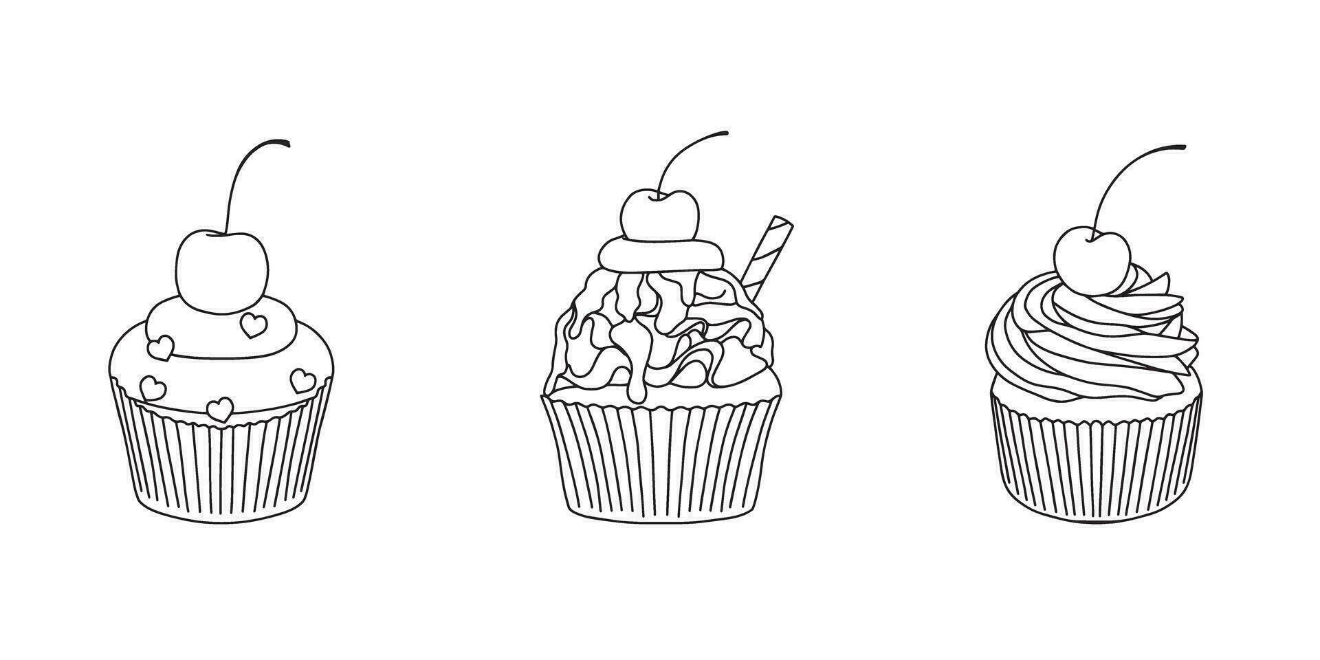 reeks van lijn cupcakes met kersen. hand- getrokken koekje. vector illustratie Aan wit achtergrond