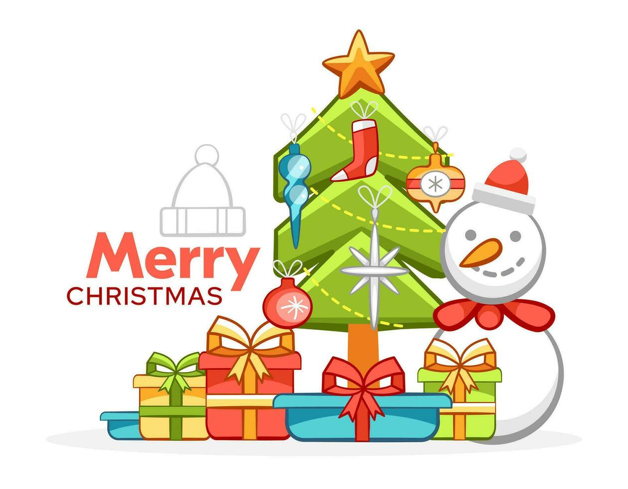 vector Kerstmis illustratie van sneeuwman, Spar boom en cadeaus in tekenfilm stijl.