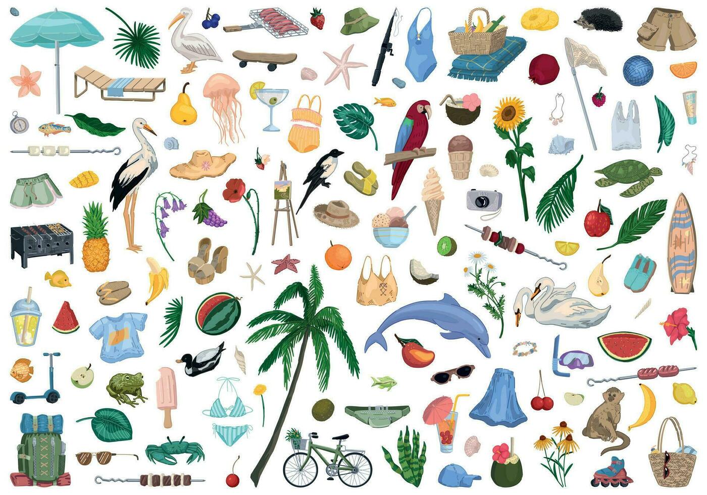 zomer tijd doodles set. verzameling van dieren, planten, vrije tijd accessoires, kleding, voedingsmiddelen. gekleurde vector illustratie in tekenfilm stijl. modern cliparts geïsoleerd Aan wit.
