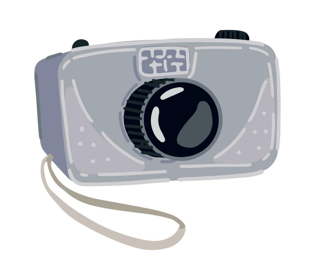 compact digitaal camera clip art. fotograaf apparaat uitrusting tekening geïsoleerd Aan wit. gekleurde vector illustratie in tekenfilm stijl.