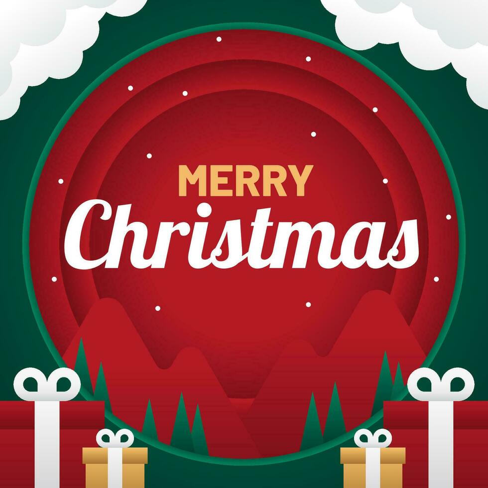 Kerstmis rood en groen vector achtergrond met wolken, pijnboom bomen, en geschenk dozen. groet kaart, banier, poster
