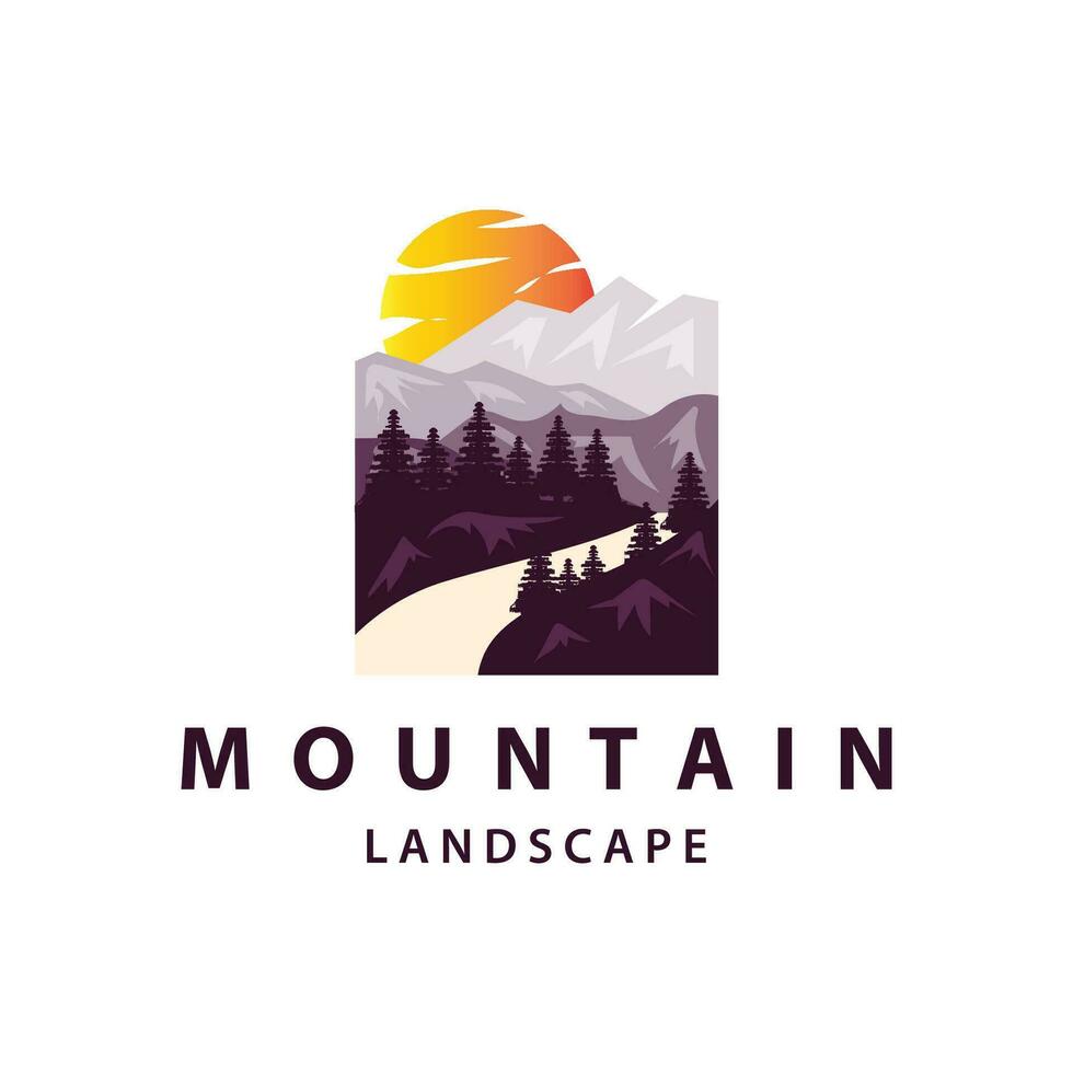 landschap logo natuur avontuur ontwerp berg en rivier- luxe vector illustratie