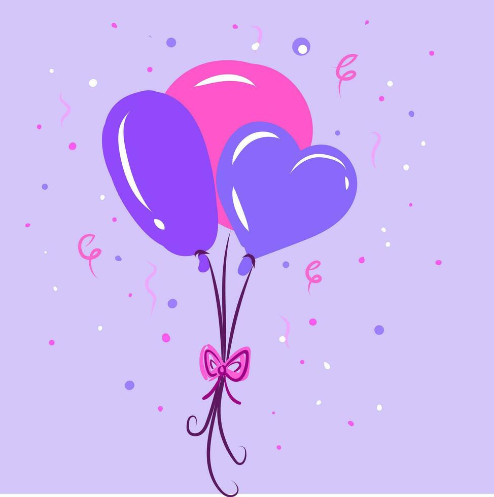 drie ballonnen met een uitroep Mark van verschillend maten vormen en kleur zijn gebonden samen met een boogachtig lint drijft in Purper achtergrond vector kleur tekening of illustratie