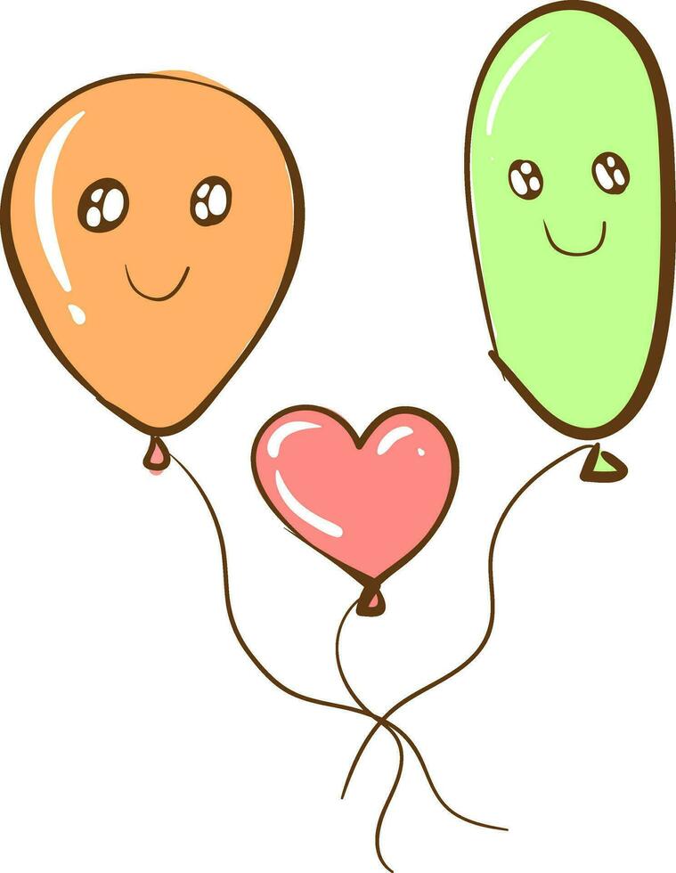 drie ballonnen met een uitroep Mark zijn van verschillend maten en vormen Leuk vinden ovaal en hart en ook van verschillend kleuren net zo bruin roze en groen vector kleur tekening of illustratie