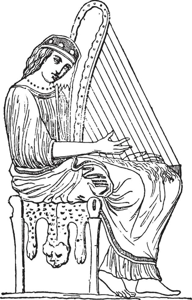 vrouw spelen de harp, wijnoogst gravure. vector