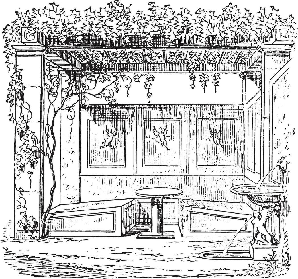 triclinium de huis van sallustreus, wijnoogst gravure. vector