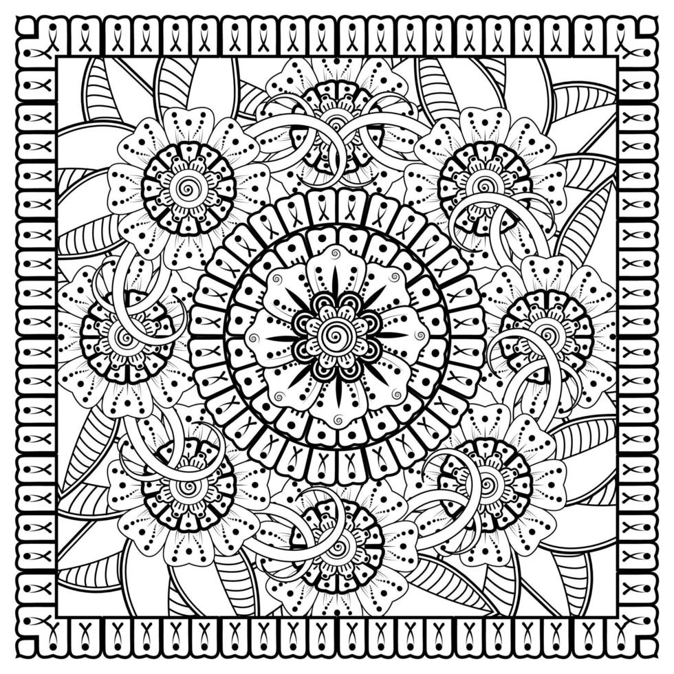 schets vierkant bloemenpatroon in mehndi-stijl voor het kleuren van de boekpagina vector