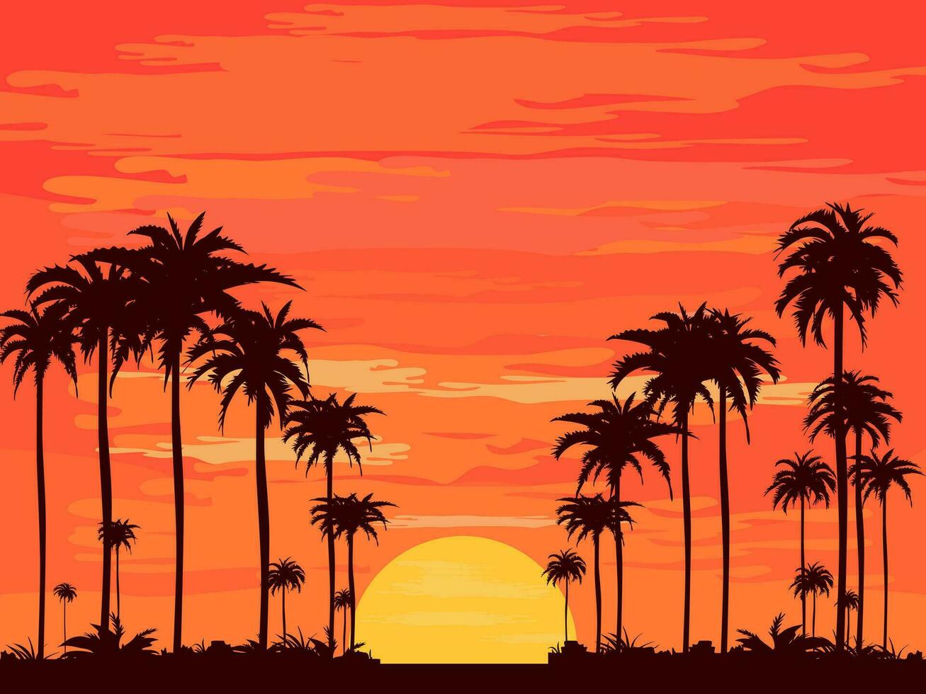 de avond Aan de strand zomer oranje lucht en kokosnoot boom schaduw vector