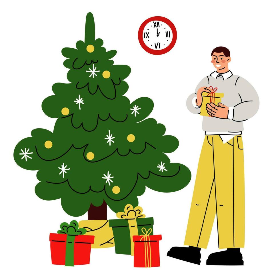 Kerstmis illustratie in welke een vent houdt een doos naar zetten De volgende naar de Kerstmis boom met andere geschenken. zijn tijd naar geven geschenken. uitpakken een geschenk. vector. cadeaus en verrassingen. vrolijk kerstmis, nieuw jaar vector