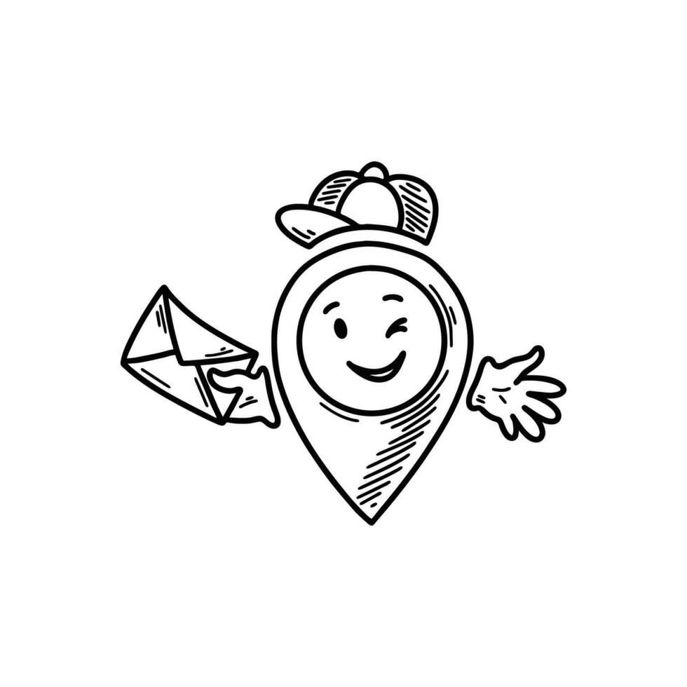 schattig lijn tekening levering kantoor plaats pin emoji. uit de vrije hand schetsen lokaliseren. kaart adres grappig emoticon. glimlachen grappig karakter vector