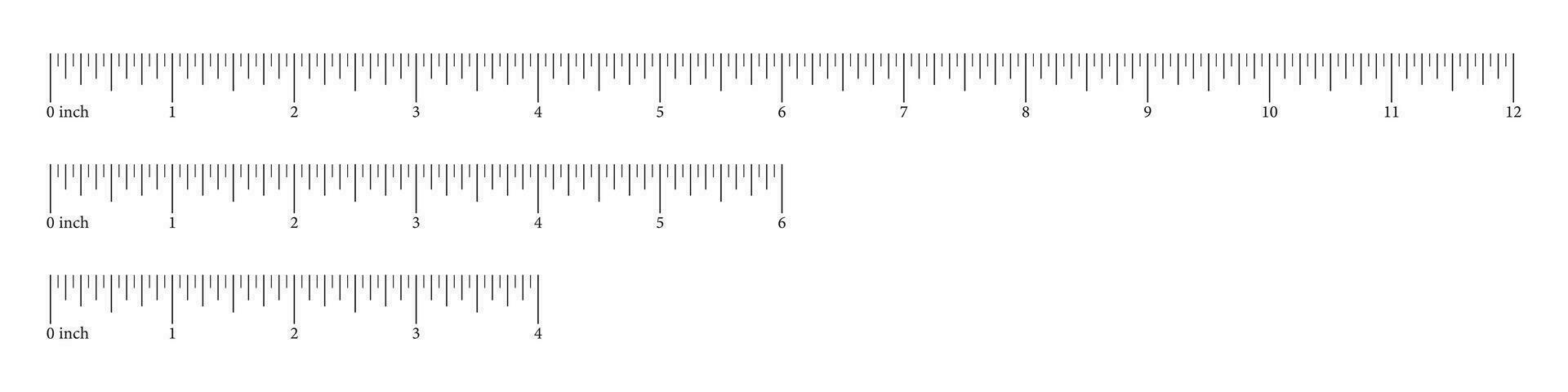 reeks van inch heersers meting gereedschap met getallen schaal. verzameling meten grafieken met 4, 6, 12 inches. lengte meting wiskunde, afstand, hoogte. naaien hulpmiddel. vector illustratie.