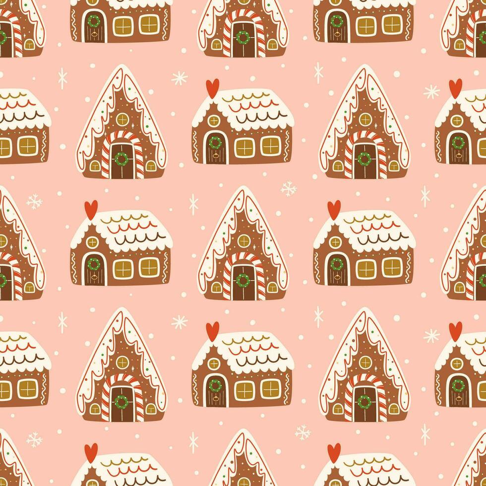roze Kerstmis peperkoek huizen naadloos patroon. winter vakantie koekjes vector herhaling achtergrond. nieuw jaar tijd textiel, behang, afdrukken ontwerp pakket, inpakken papier. hand- getrokken voedsel illustratie.