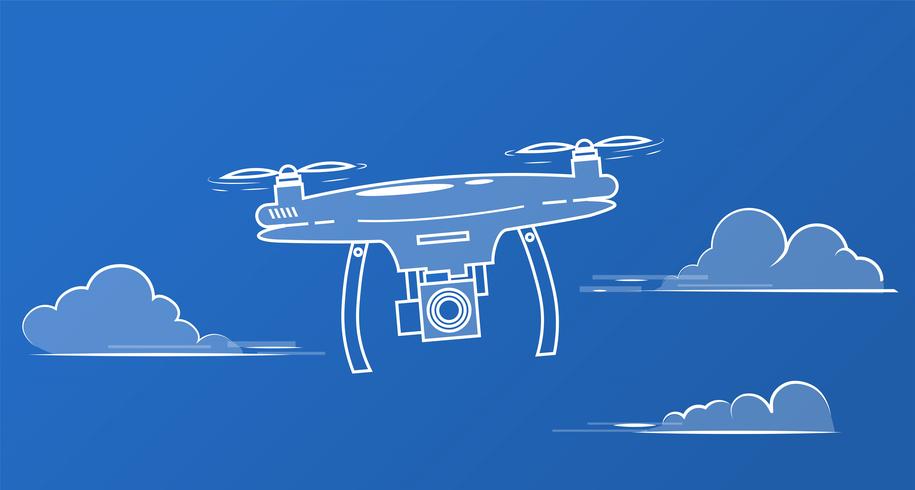 Vliegende drone met een camera in de lucht tussen de wolken vector