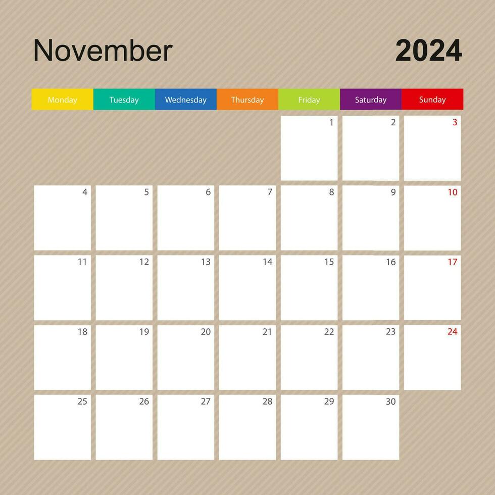 kalender bladzijde voor november 2024, muur ontwerper met kleurrijk ontwerp. week begint Aan maandag. vector