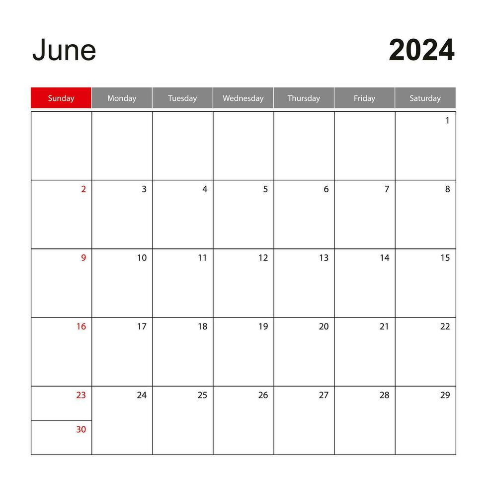 muur kalender sjabloon voor juni 2024. vakantie en evenement planner, week begint Aan zondag. vector