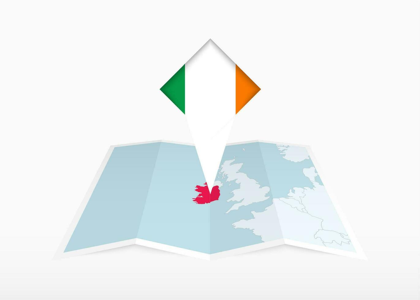 Ierland is afgebeeld Aan een gevouwen papier kaart en vastgemaakt plaats markeerstift met vlag van Ierland. vector