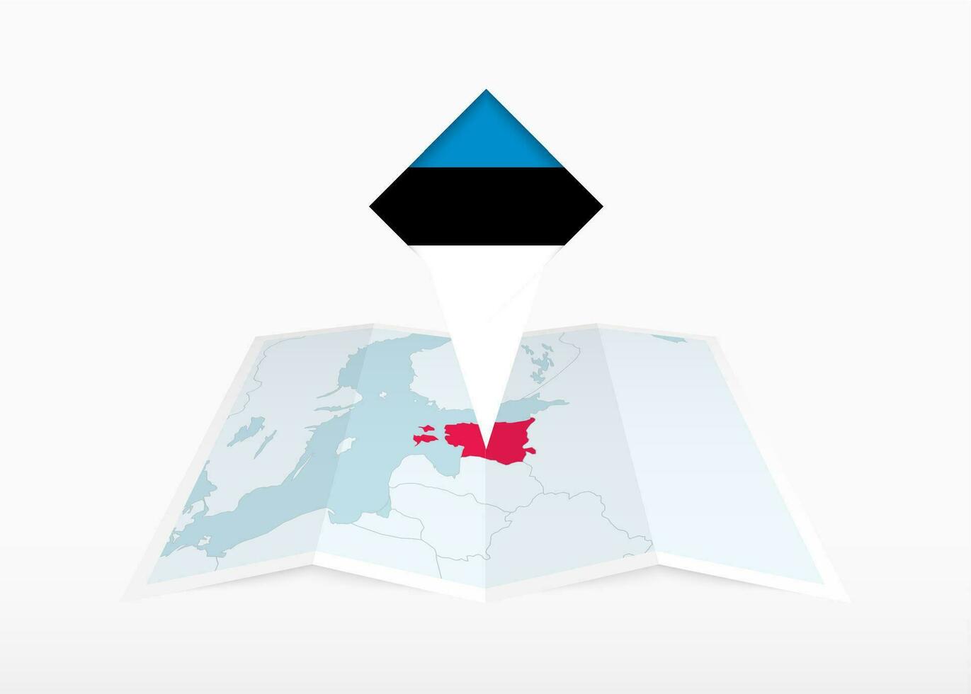 Estland is afgebeeld Aan een gevouwen papier kaart en vastgemaakt plaats markeerstift met vlag van Estland. vector