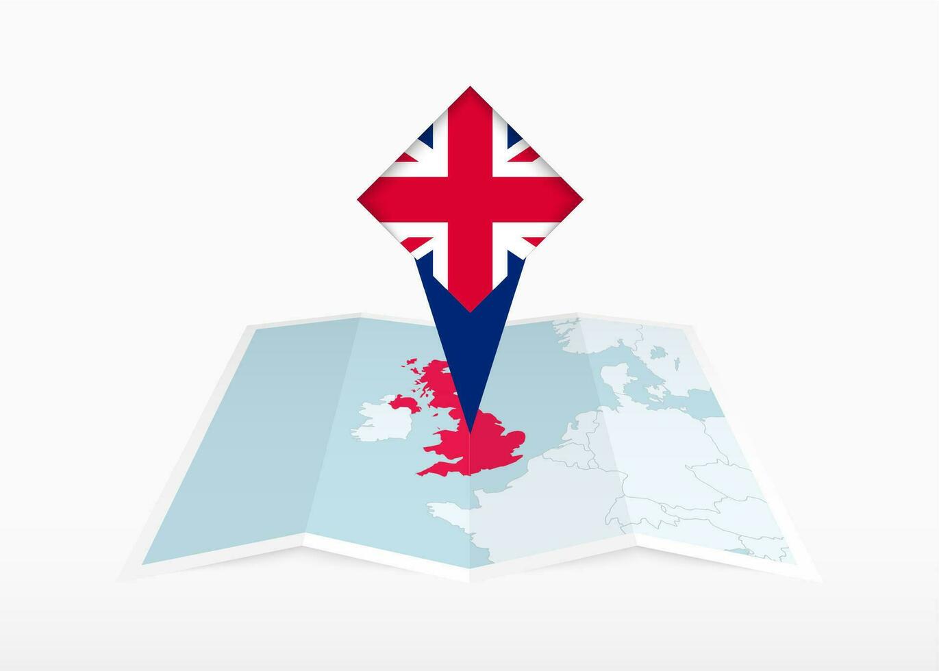 Verenigde koninkrijk is afgebeeld Aan een gevouwen papier kaart en vastgemaakt plaats markeerstift met vlag van Verenigde koninkrijk. vector