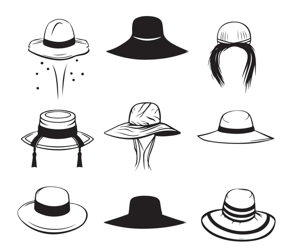 zomer hoeden wijnoogst verzameling voor elegant vrouw, vrouw en Dames. vector
