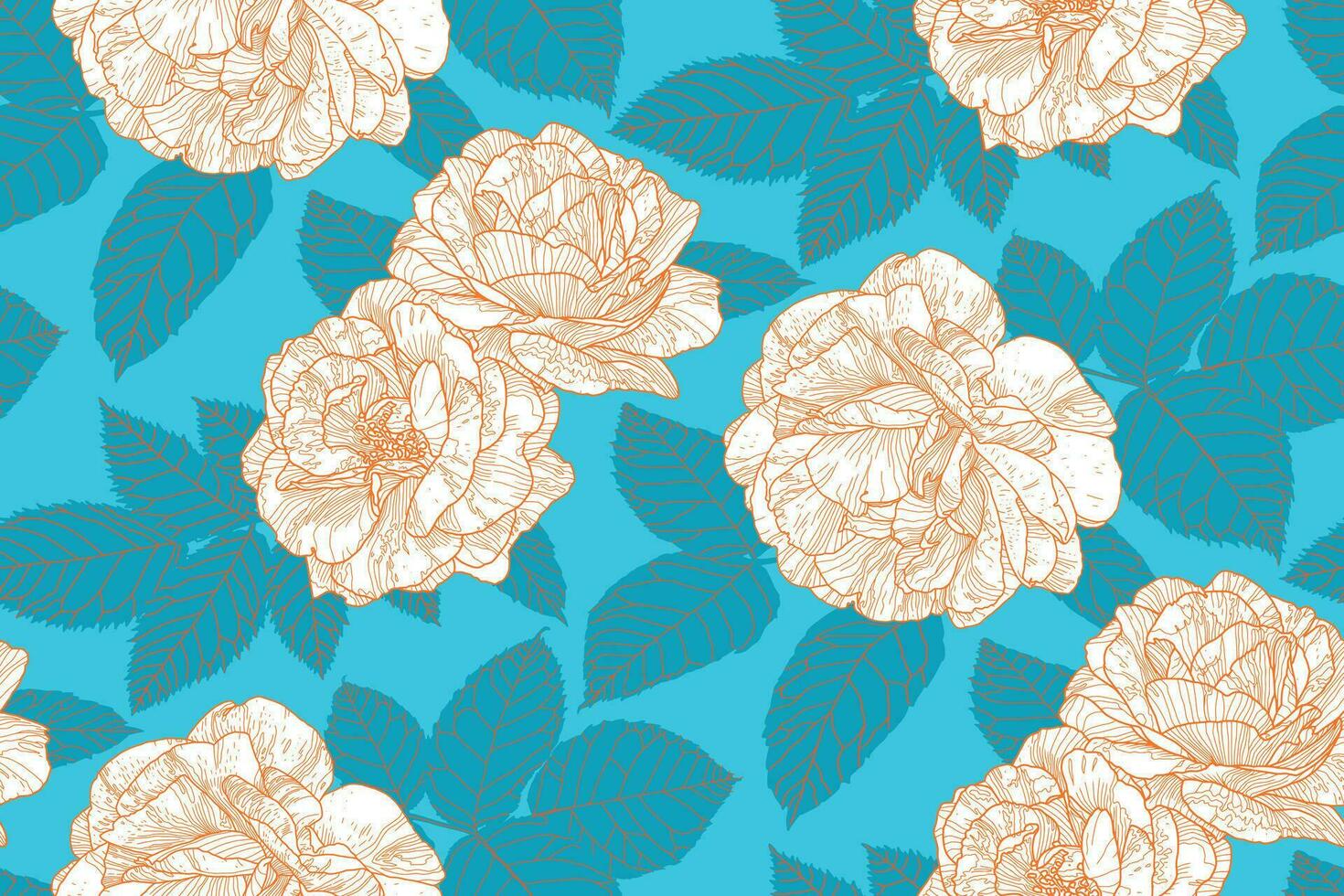 naadloos patroon van wit en oranje contour lijn rozen met blauw groen bladeren Aan blauw achtergrond. bloemen behang ontwerp voor textiel, papier, afdrukken, mode, kleding stof, en kaart achtergrond. vector