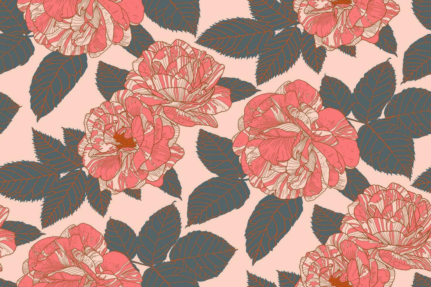 bloemen herhalen patroon van rozen en bladeren in koraal, roze, donker grijs kleuren met bronzen schets. behang ontwerp voor textiel, papieren, afdrukken, mode, kaart achtergrond, schoonheid producten. vector