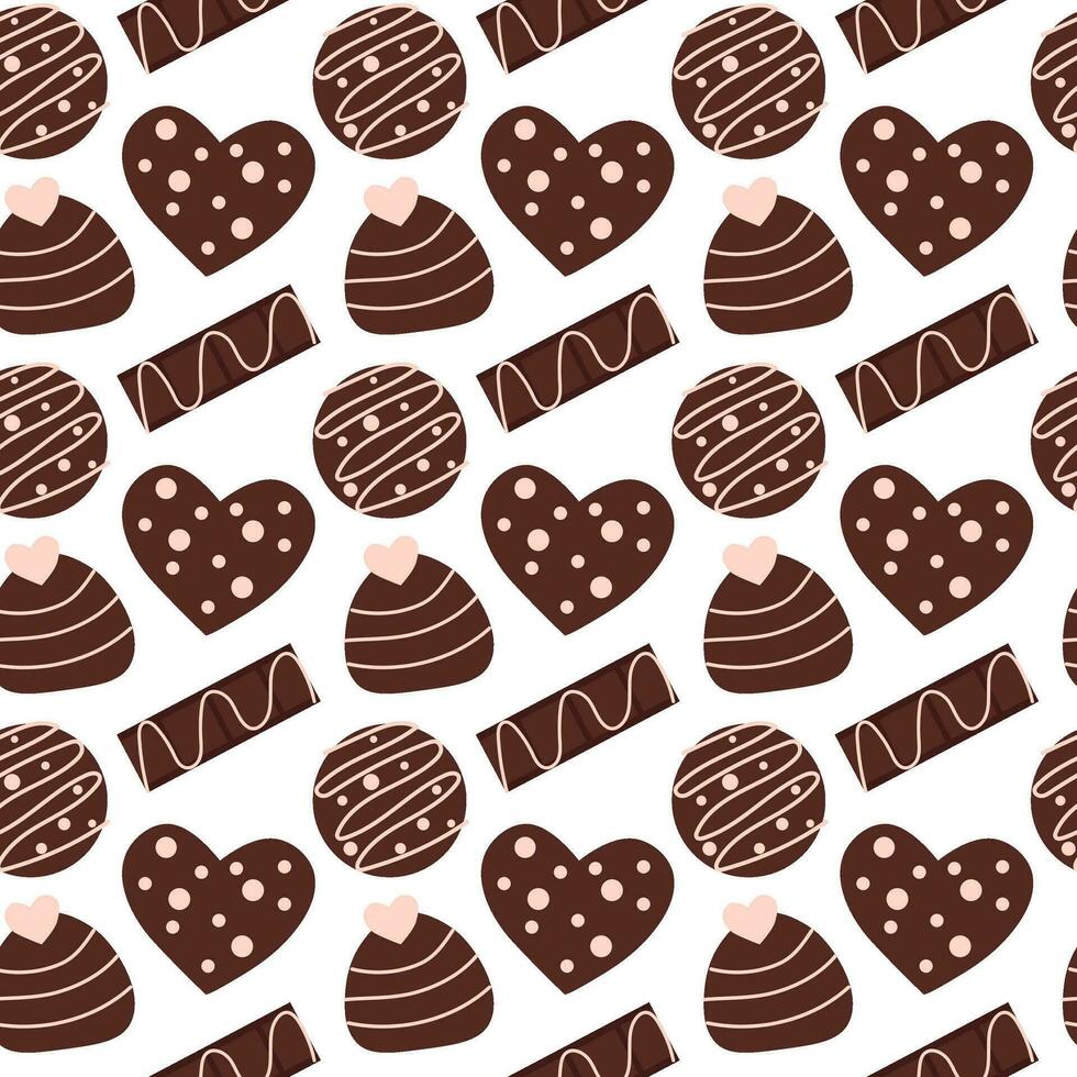 naadloos patroon met chocolaatjes snoepjes in het formulier hart, cirkel en chocola bar met roze glazuur. Valentijn dag achtergrond. vector vlak illustratie.