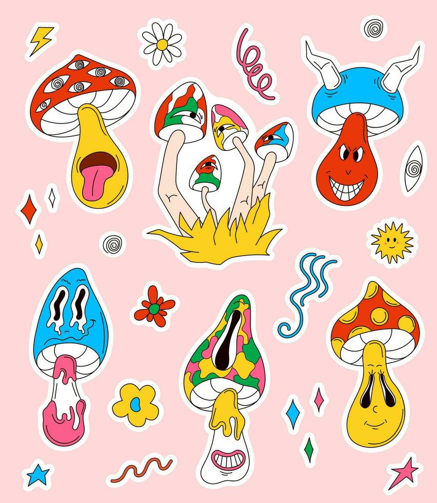 paddestoel groovy karakter sticker reeks in tekenfilm stijl. psychedelisch tekens verzameling met retro elementen en grappig gezichten. trippy surrealistische champignons. vector illustratie geïsoleerd Aan een roze