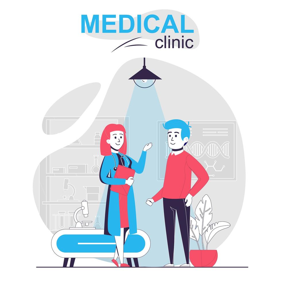 medische kliniek geïsoleerd cartoon concept. man bij receptie therapeut, arts pratende patiënt, mensenscène in plat ontwerp. vectorillustratie voor bloggen, website, mobiele app, promotiemateriaal. vector