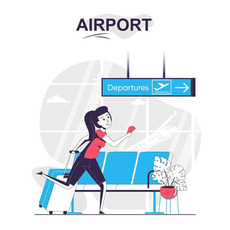 luchthaven geïsoleerd cartoon concept. vrouw met bagage haast zich om aan boord van het vliegtuig te gaan, reizende mensenscène in plat ontwerp. vectorillustratie voor bloggen, website, mobiele app, promotiemateriaal. vector