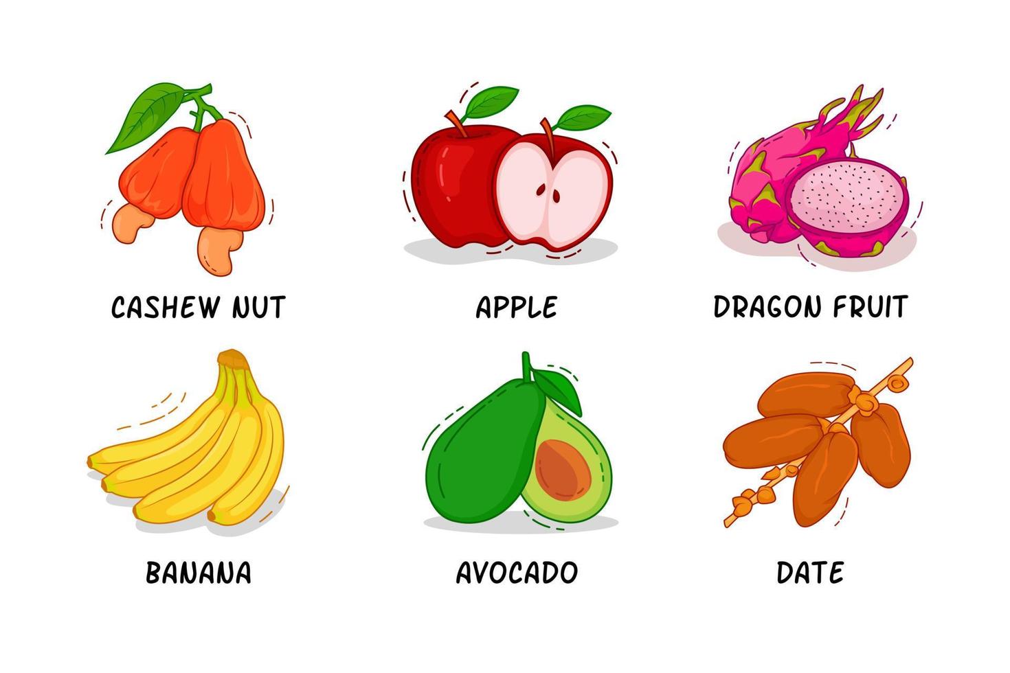 fruit, fruitverzameling, cashewnoot, appel, drakenfruit, banaan, avocado, dadel vector