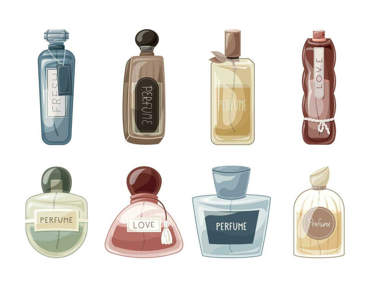 verzameling van glas elegant flessen van geurig parfum. vector reeks van tekenfilm eau de parfum.