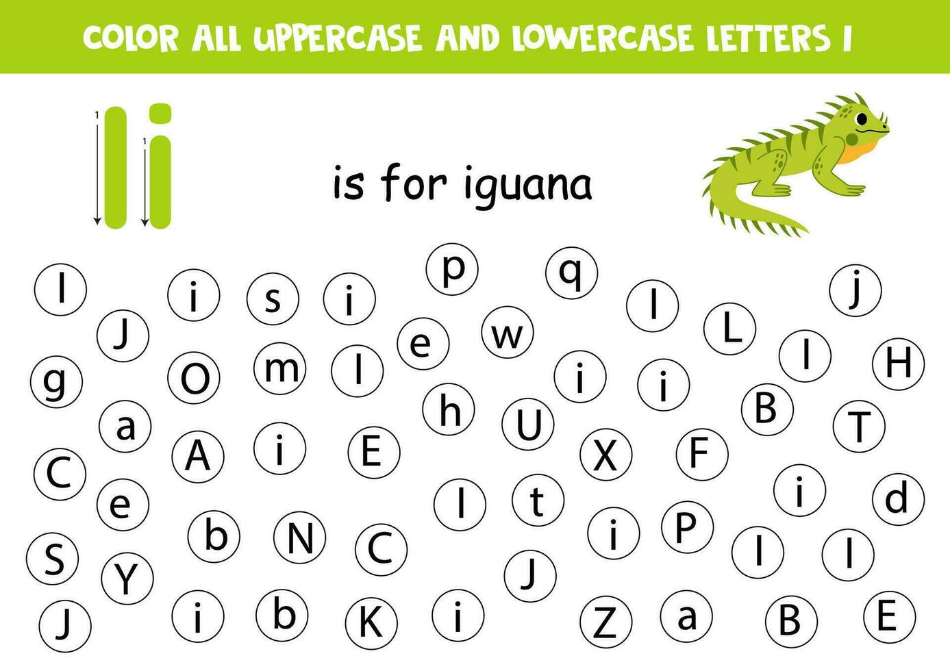 vind en punt allemaal brieven i. leerzaam werkblad voor aan het leren alfabet. schattig groen leguaan. vector