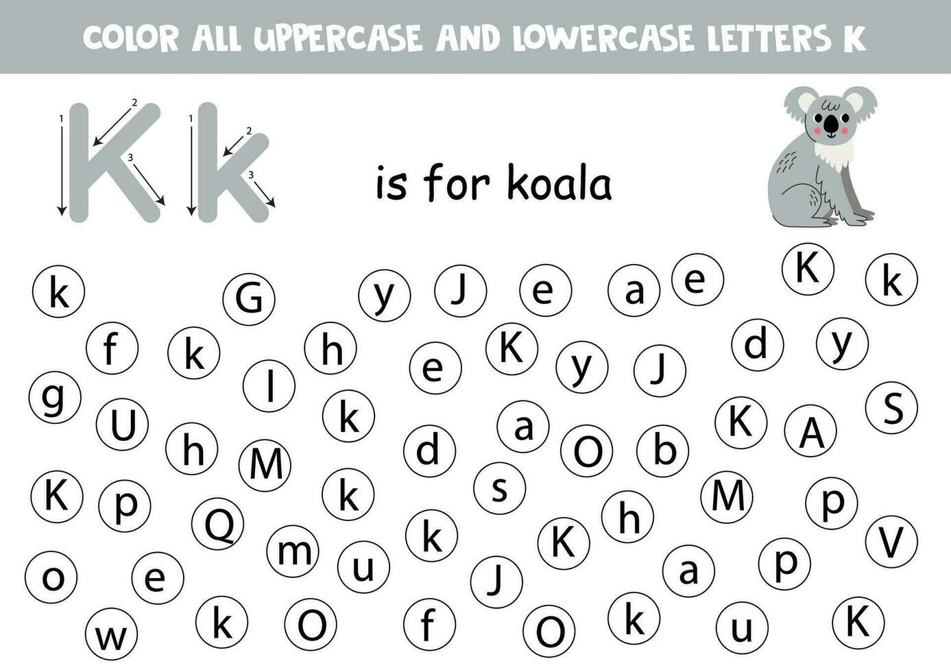 vind en punt allemaal brieven k. leerzaam werkblad voor aan het leren alfabet. schattig grijs koala. vector