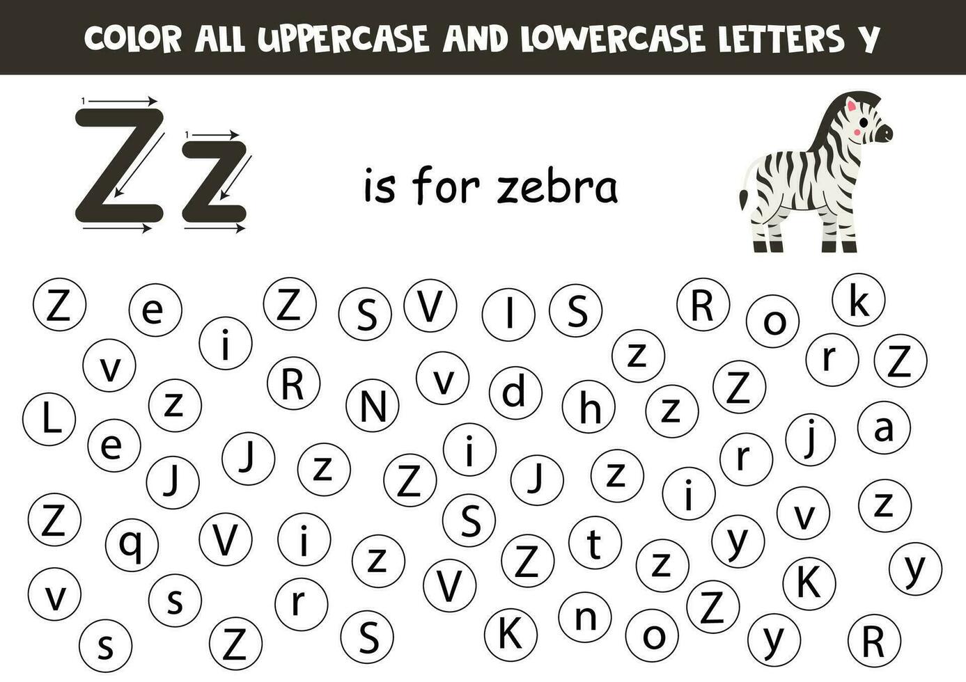 vind en punt allemaal brieven z. leerzaam werkblad voor aan het leren alfabet. schattig zebra. vector