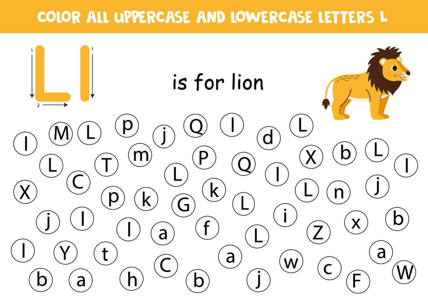 vind en punt allemaal brieven ik. leerzaam werkblad voor aan het leren alfabet. schattig leeuw. vector