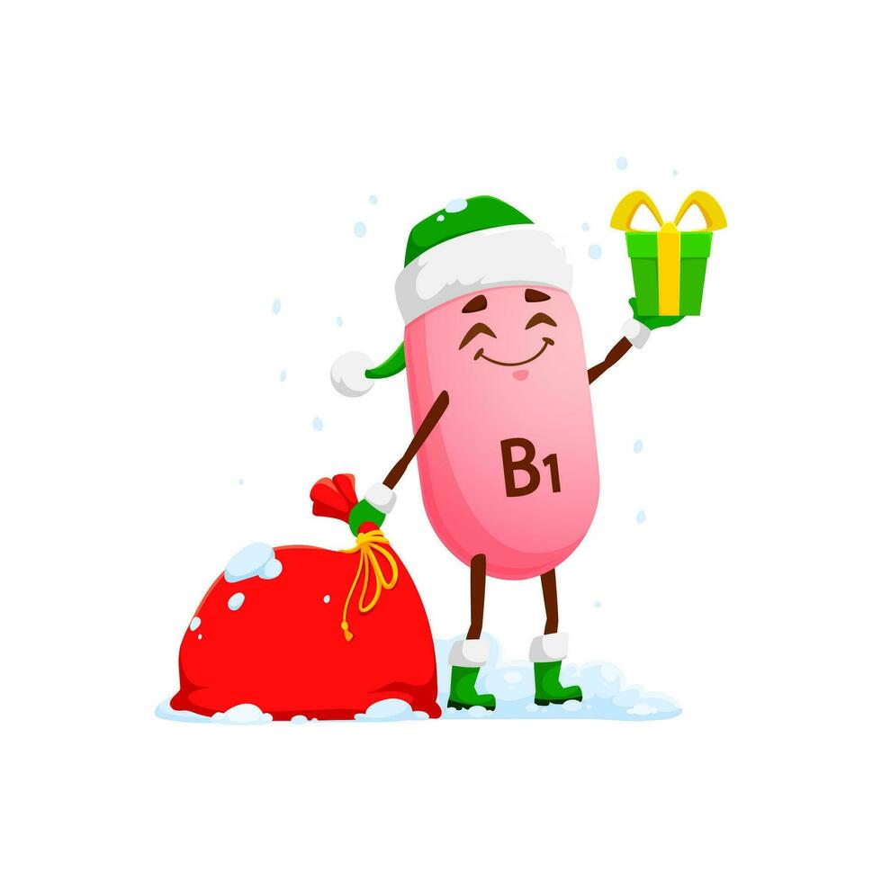 Kerstmis tekenfilm vitamine b1 met cadeaus in zak vector