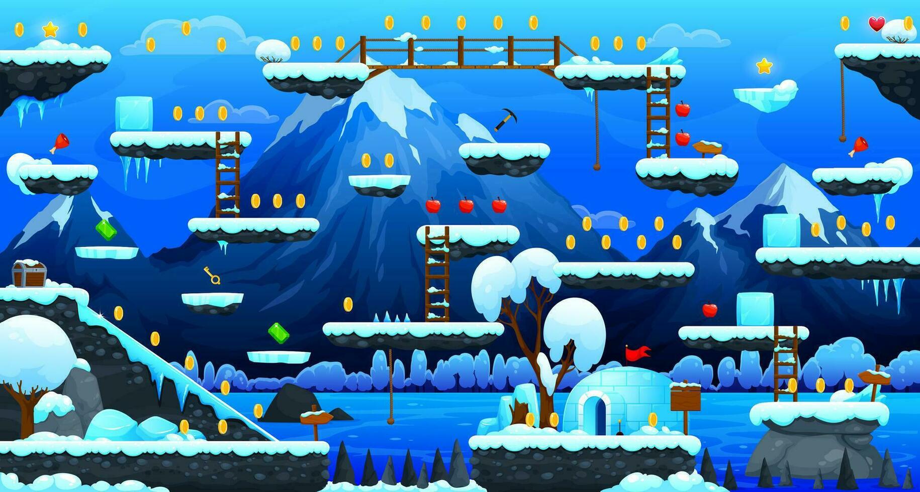 speelhal spel niveau kaart met bergen ijs platformen vector