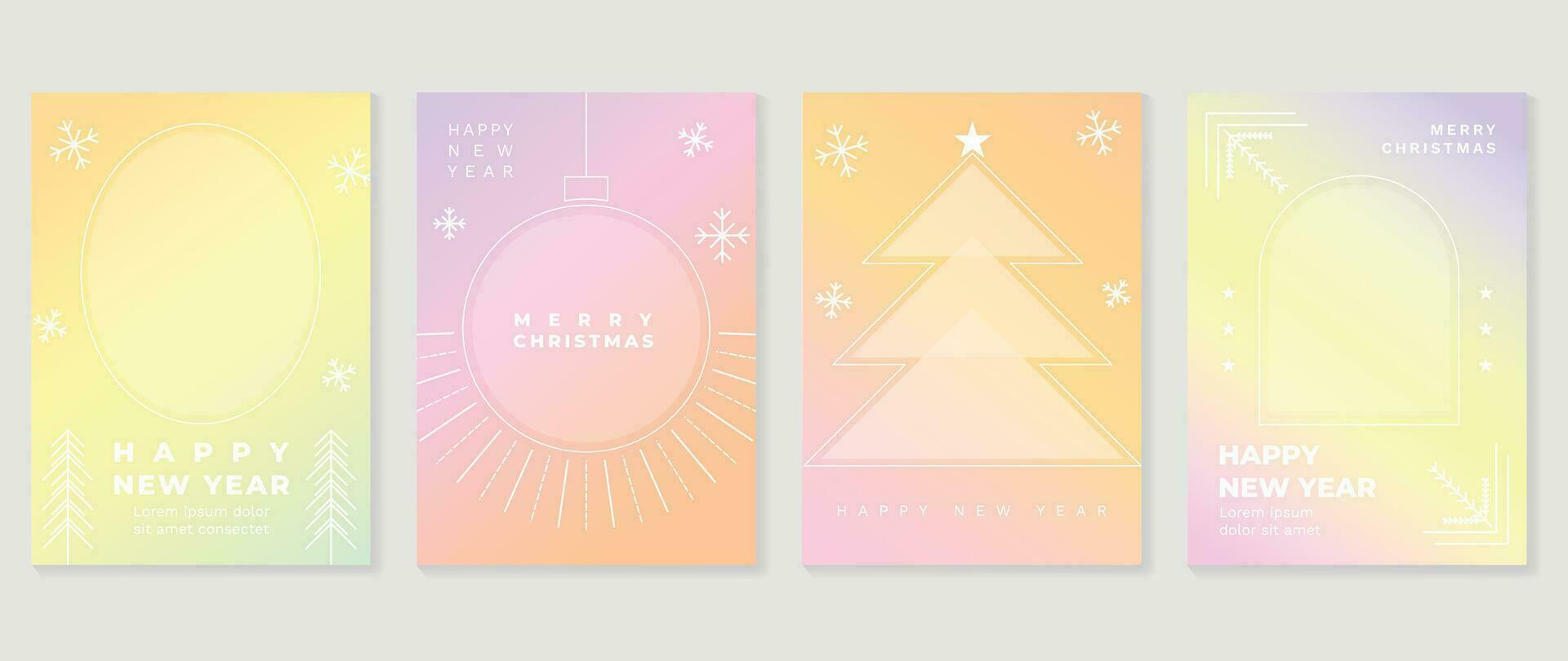 vrolijk Kerstmis concept posters set. schattig helling holografische achtergrond vector met pastel kleur, sneeuwvlokken, pijnboom, bal, ster. kunst modieus behang ontwerp voor sociaal media, kaart, banier, folder.