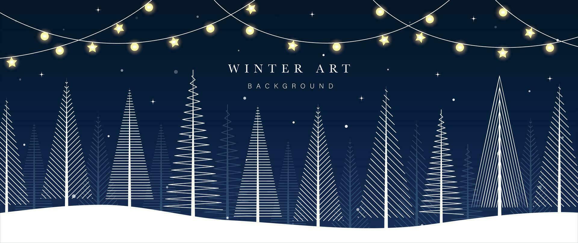 winter festival seizoensgebonden achtergrond vector illustratie. Kerstmis vakantie evenement pijnboom, sneeuwval, heuvel, decoratief licht, fonkelend ster. ontwerp voor poster, behang, banier, kaart, decoratie.