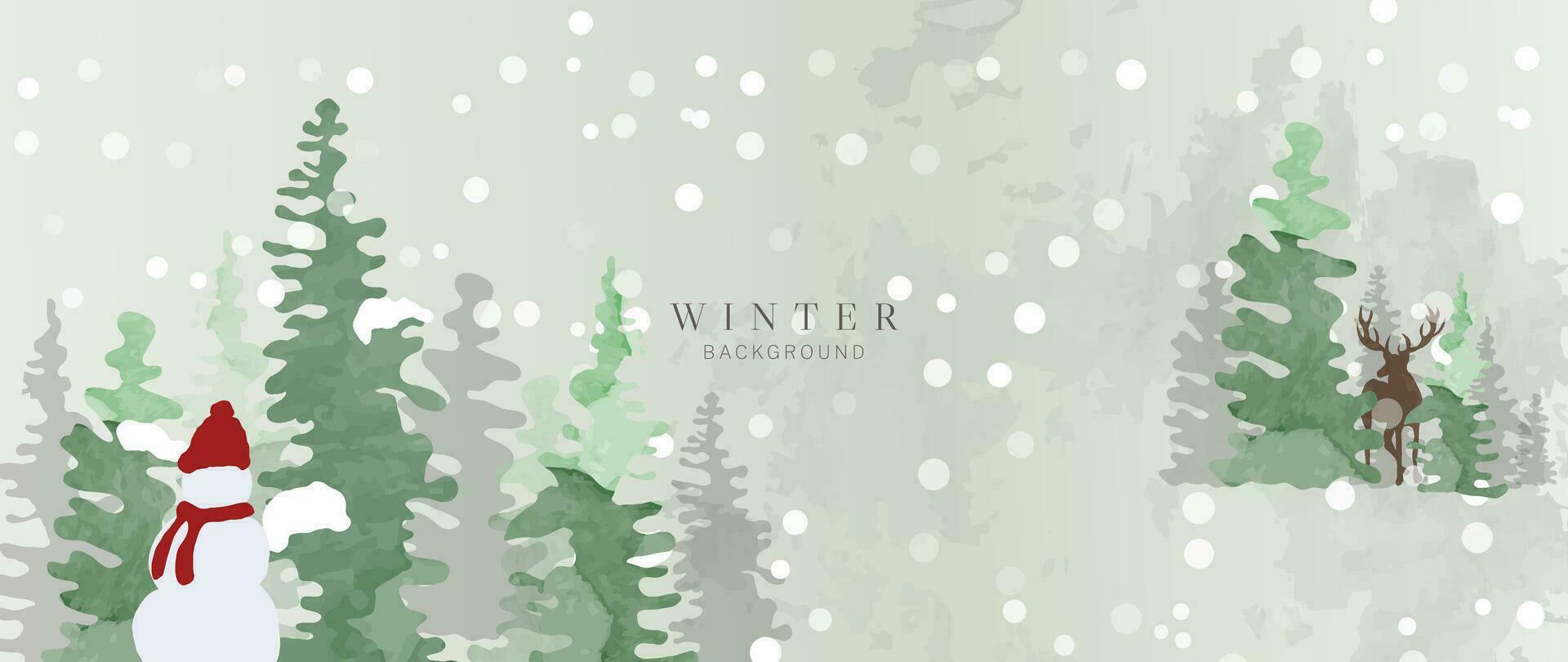 waterverf winter kunst achtergrond vector illustratie. hand- geschilderd natuurlijk winter botanisch pijnboom, rendier, sneeuwman en sneeuwval achtergrond. ontwerp voor afdrukken, decoratie, poster, behang, spandoek.