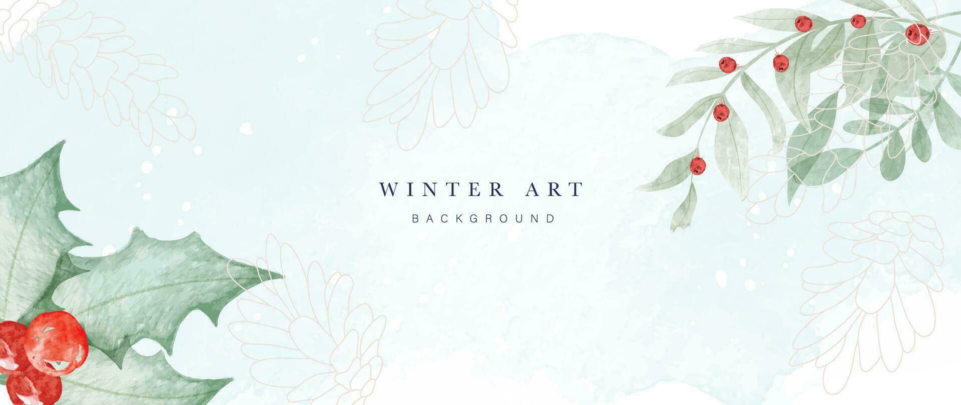 winter botanisch waterverf blad takken achtergrond vector illustratie. hand- geschilderd waterverf gebladerte, BES, pijnboom kegels, hulst takje. ontwerp voor poster, behang, banier, kaart, decoratie.