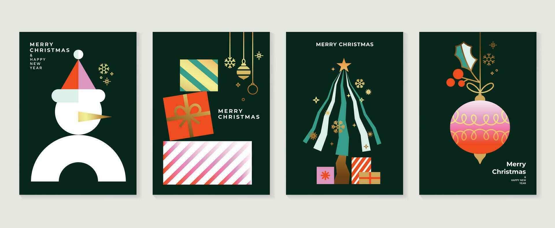 luxe Kerstmis uitnodiging kaart kunst deco ontwerp vector. Kerstmis boom, sneeuwvlok, snuisterij bal, de kerstman, geschenk lijn kunst Aan donker groen achtergrond. ontwerp illustratie voor omslag, afdrukken, poster, behang. vector