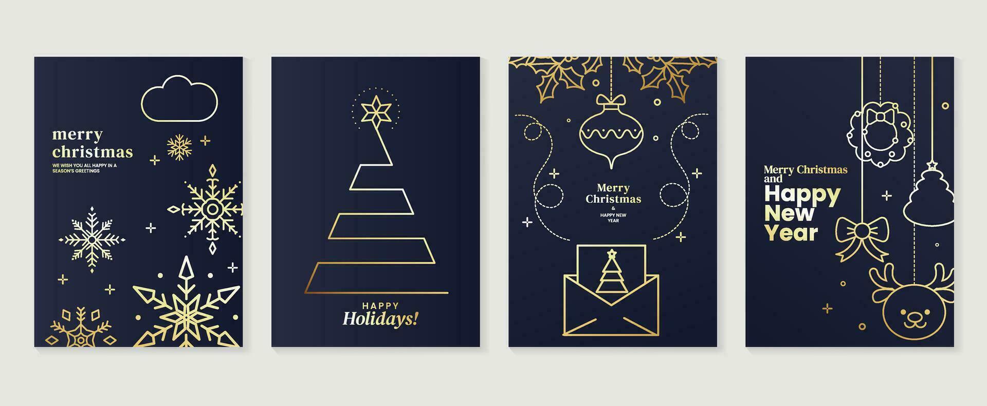 luxe Kerstmis uitnodiging kaart kunst deco ontwerp vector. Kerstmis boom, sneeuwvlok, envelop, rendier, bal lijn kunst Aan donker blauw achtergrond. ontwerp illustratie voor omslag, afdrukken, poster, behang. vector