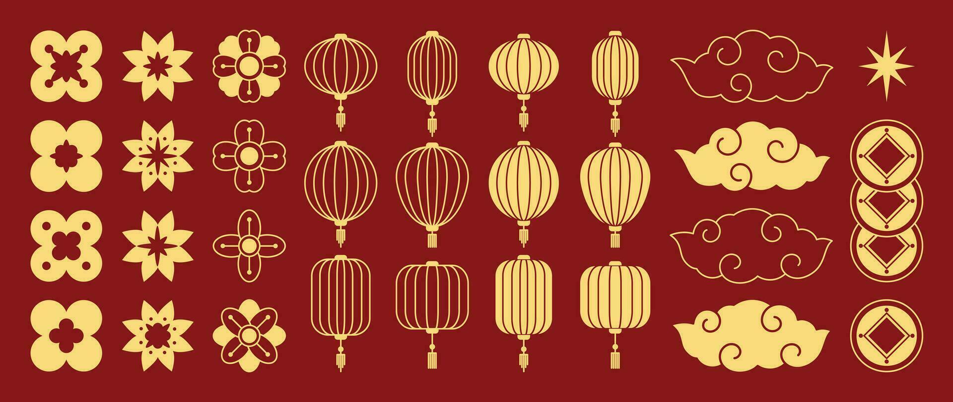 Chinese nieuw jaar pictogrammen vector set. Chinese papier lantaarn, wolk, munt, bloemen en rood lamp geïsoleerd pictogrammen van Aziatisch maan- nieuw jaar vakantie decoratie vector. oosters cultuur traditie illustratie.