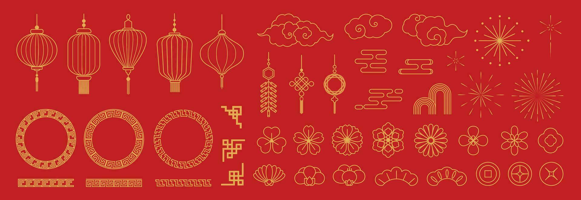 Chinese nieuw jaar pictogrammen vector set. Chinese papier lantaarn, fan, wolk, bloem, vuurwerk geïsoleerd pictogrammen van Aziatisch maan- nieuw jaar vakantie decoratie vector. oosters cultuur traditie illustratie.