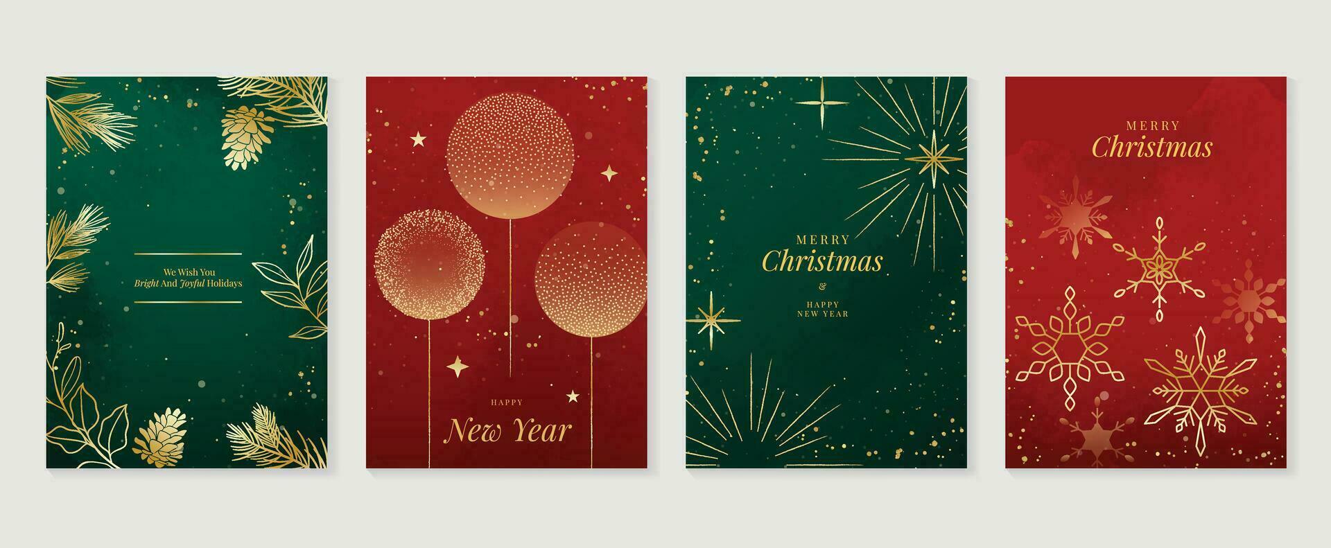 luxe Kerstmis uitnodiging kaart kunst deco ontwerp vector. Kerstmis snuisterij bal, sneeuwvlok, hulst takje lijn kunst Aan groen en rood achtergrond. ontwerp illustratie voor omslag, afdrukken, poster, behang. vector