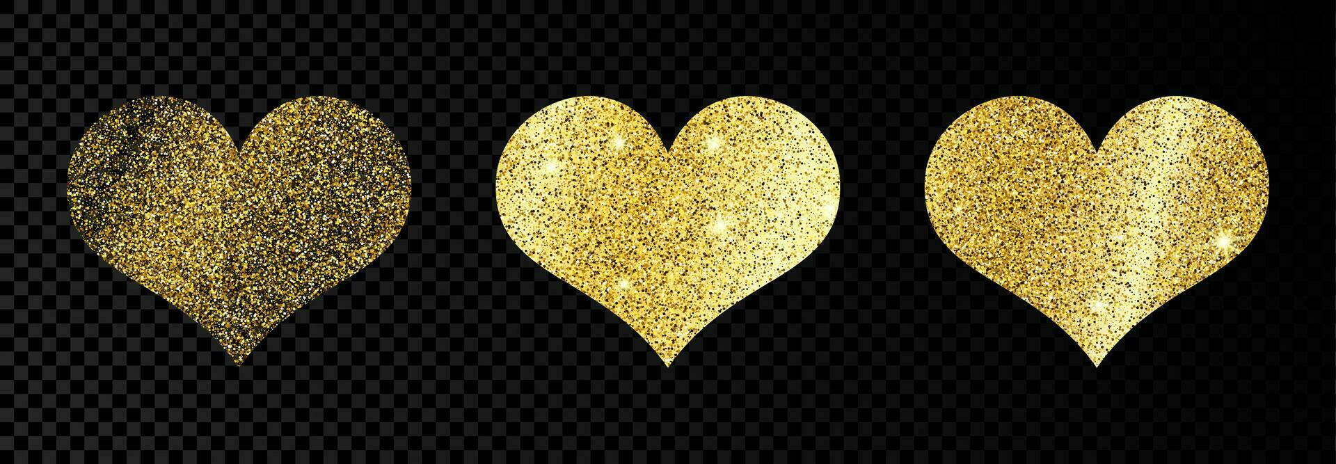 reeks van drie goud glinsterende harten Aan donker achtergrond. achtergrond met goud sparkles en schitteren effect. vector illustratie