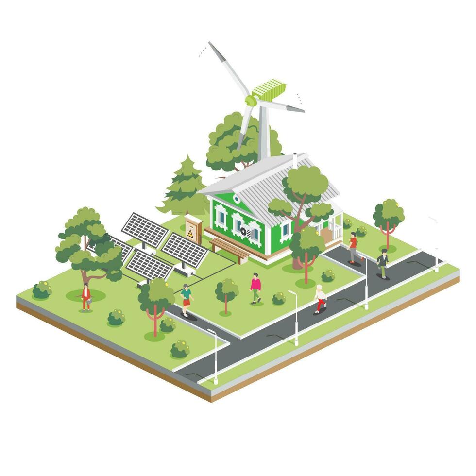 isometrische oud huis met zonne- panelen en wind turbine in voorstad. eco vriendelijk huis. infographic element. stad architectuur geïsoleerd Aan wit achtergrond. ecologisch schoon stad. vector