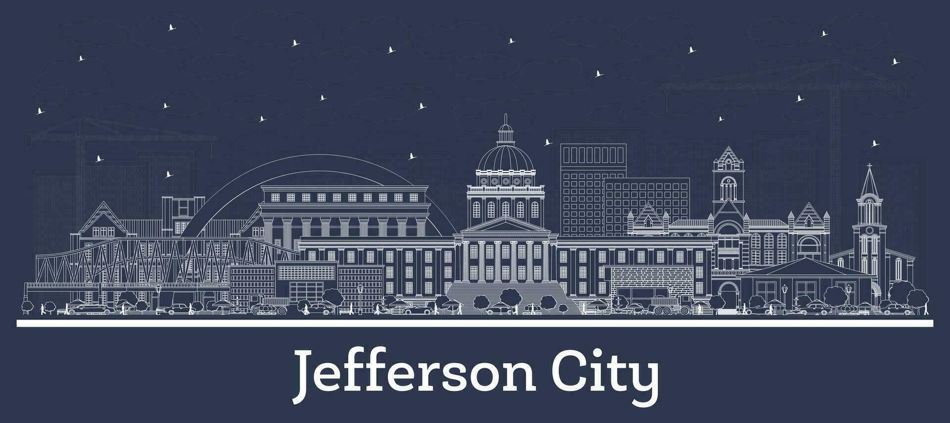 schets Jefferson stad Missouri stad horizon met wit gebouwen. bedrijf reizen en toerisme concept met historisch architectuur. Jefferson stad Verenigde Staten van Amerika stadsgezicht met oriëntatiepunten. vector